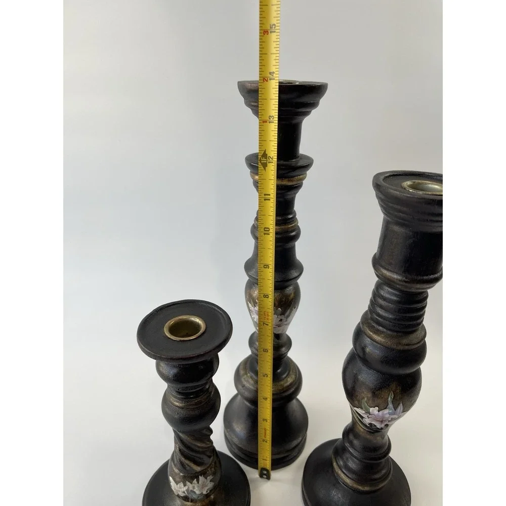 Wooden‎ Candle Holders Decor Dark Finish Floral Accents Set of 3 SEMA 2008